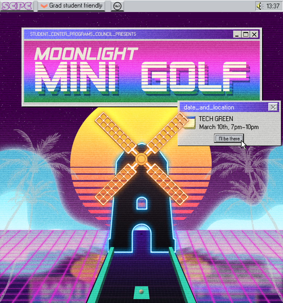 Do you know what's better than mini golf? Glow-in-the-dark Mini Golf! Swing by Tech Green on the evening of Friday, March 10th, from 7:00PM to 10:00 PM to enjoy our twist on mini golf alongside some refreshments! 