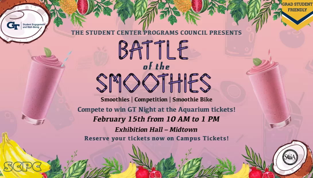 Free smoothies! Need we say more? How about: a smoothie competition where you can win GT Night at the Aquarium and bowling tickets! Bring your best recipe and join us for smoothie making and tasting this Wednesday, February 15 at 10AM to 1PM!
Time tickets are live NOW; head to the link in our bio to reserve them. May the best smoothie win!
If you have any questions, please email horizon@scpc.gatech.edu